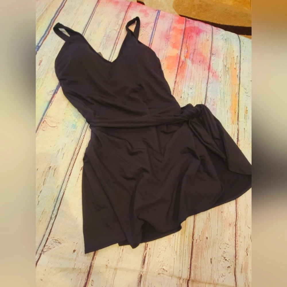 Black swimsuit with built in tie shirt